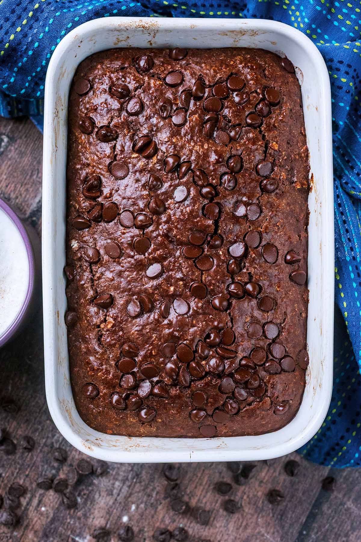 Chocolate baked oats in a baking dish.
