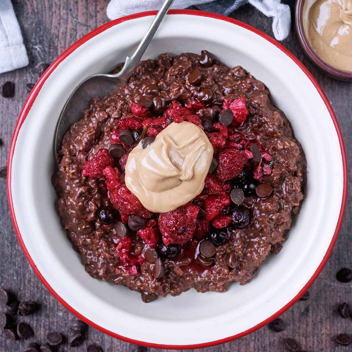 A bowl of chocolate protein porridge.