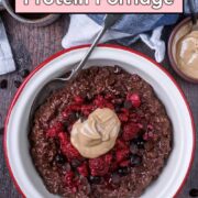 Chocolate protein porridge with a text overlay title.