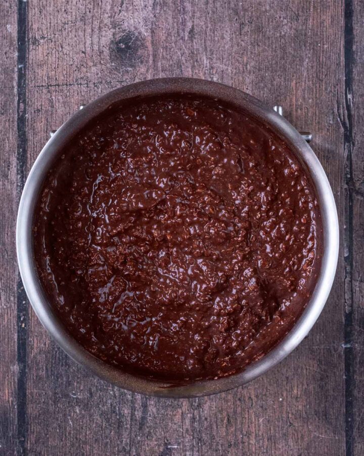 Chocolate porridge in the saucepan.