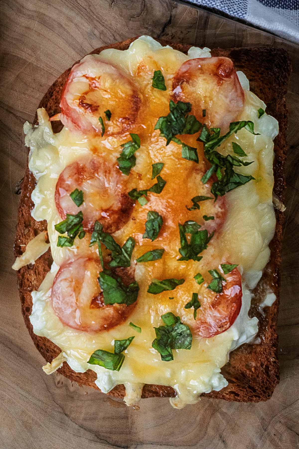 A slice of toast topped with tomato slices, melted cheese and chopped herbs.