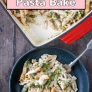 Chicken and broccoli pasta bake with a text overlay title.