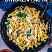 Leftover chicken pasta with a text overlay title.