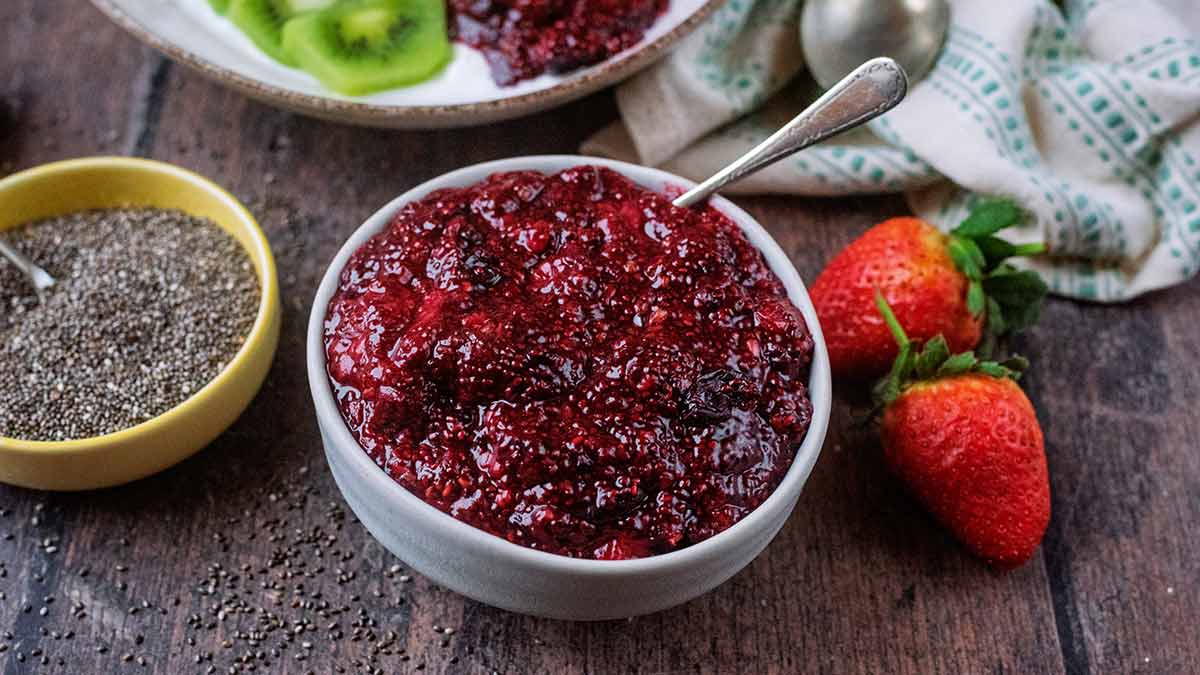 A bowl of chia seed jam.
