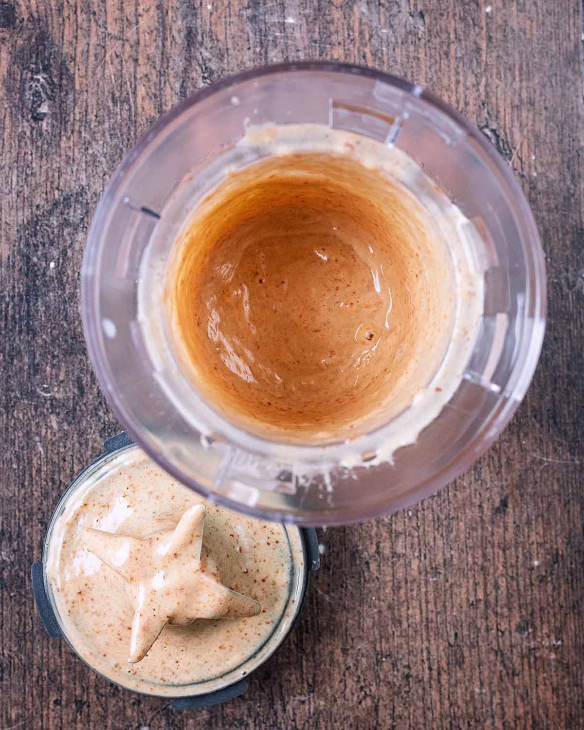 Blended date caramel in the blender jug.