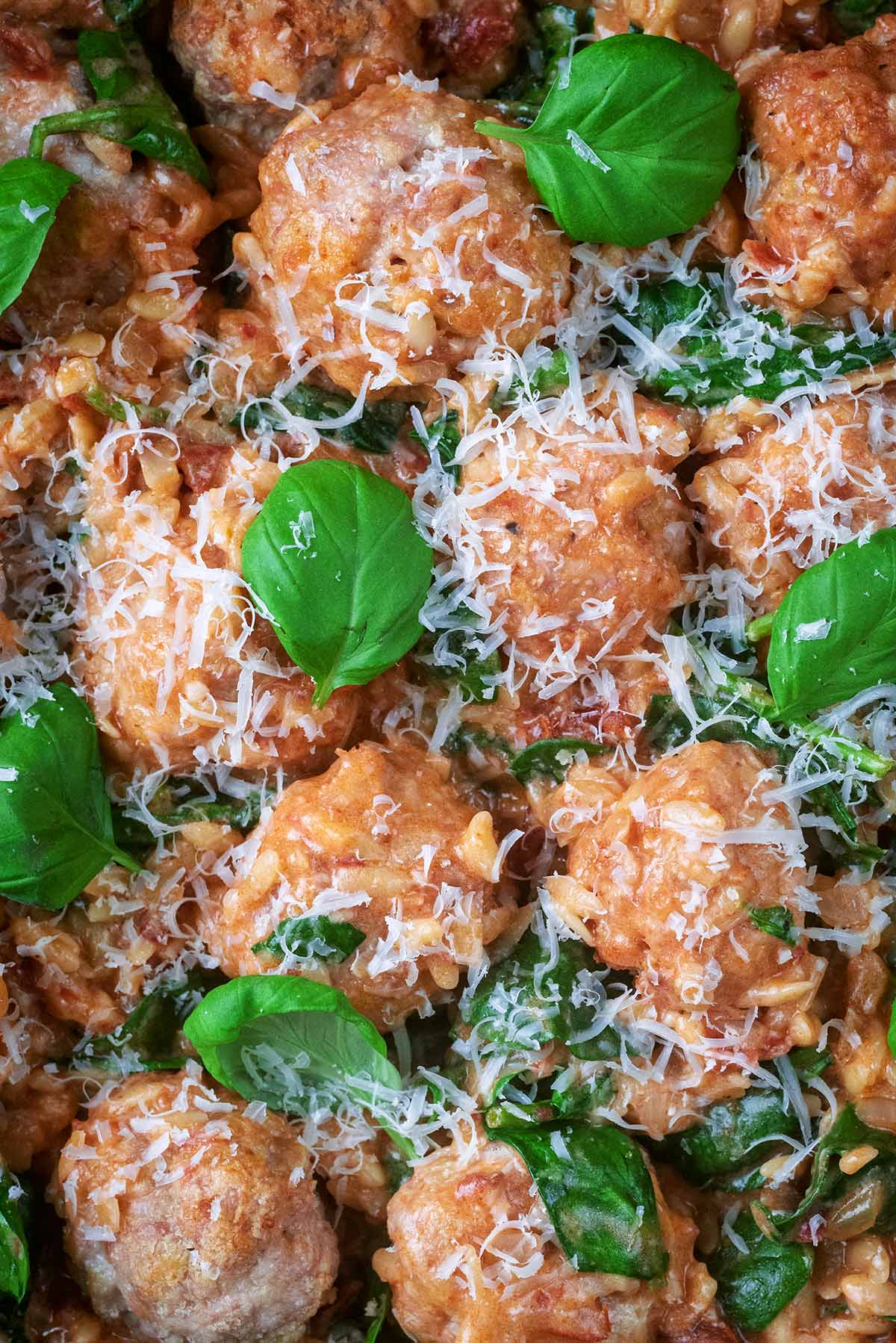 Chicken meatballs in a creamy sauce toped with basil leaves and grated Parmesan cheese.
