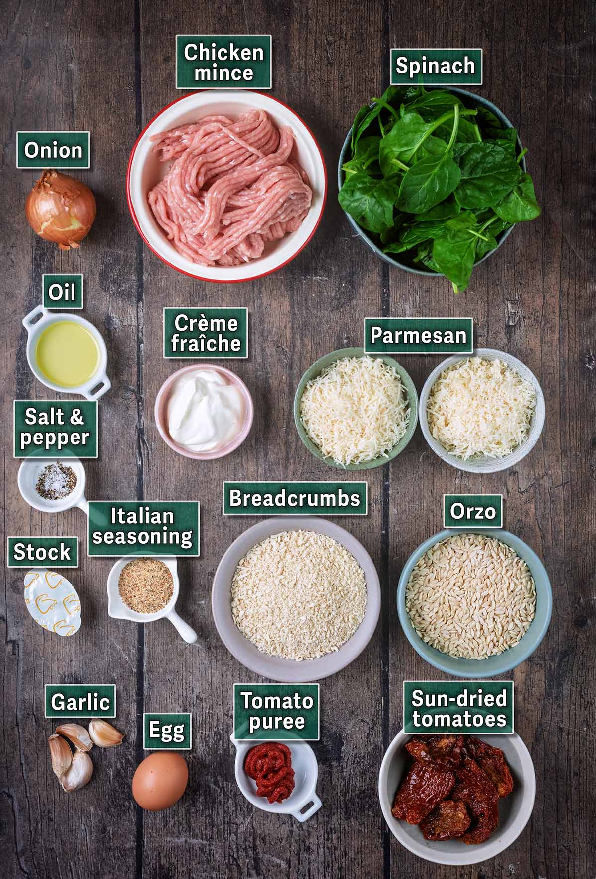 All the ingredients needed for this recipe with text overlay labels.