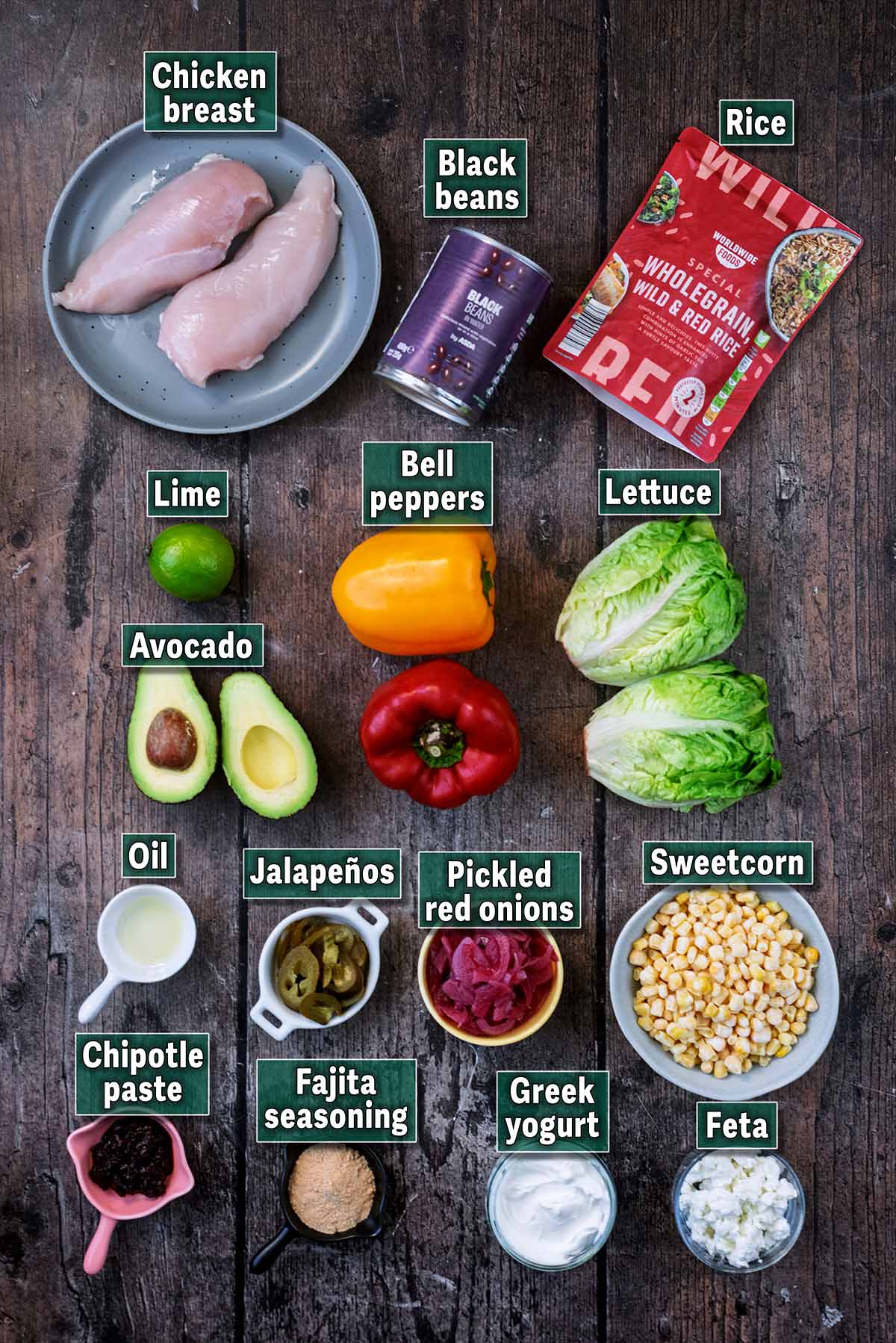 All the ingredients needed for this recipe with text overlay labels.