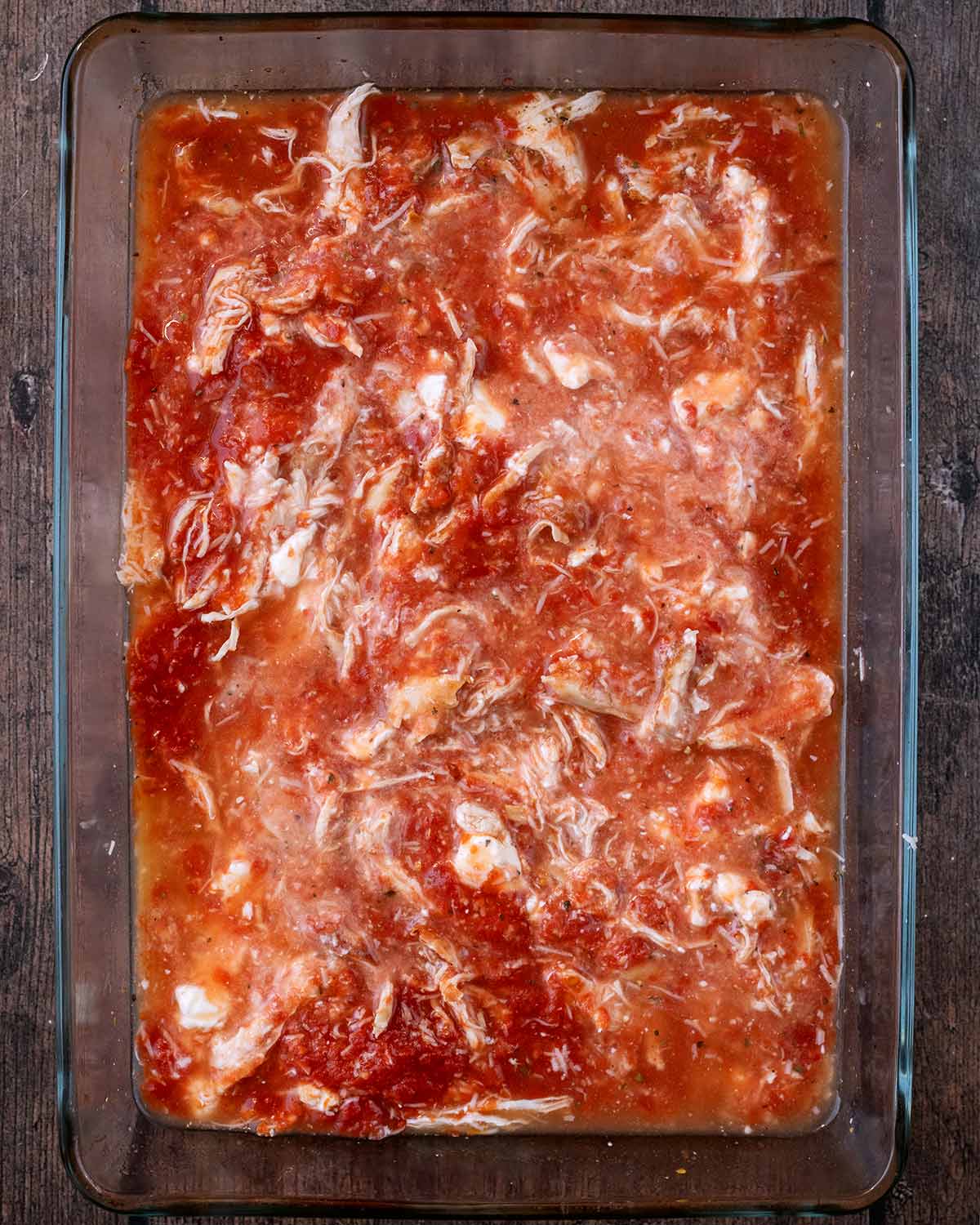 Everything mixed in the dish.