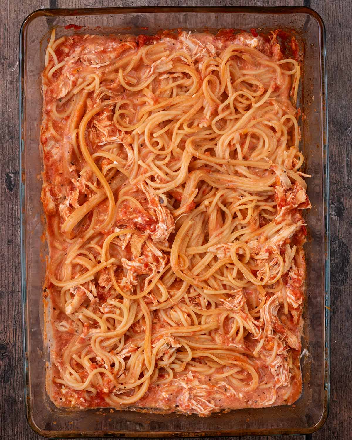 Everything cooked in the baking dish.