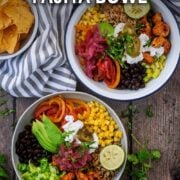 Bean and chicken fajita bowl with a text overlay title.