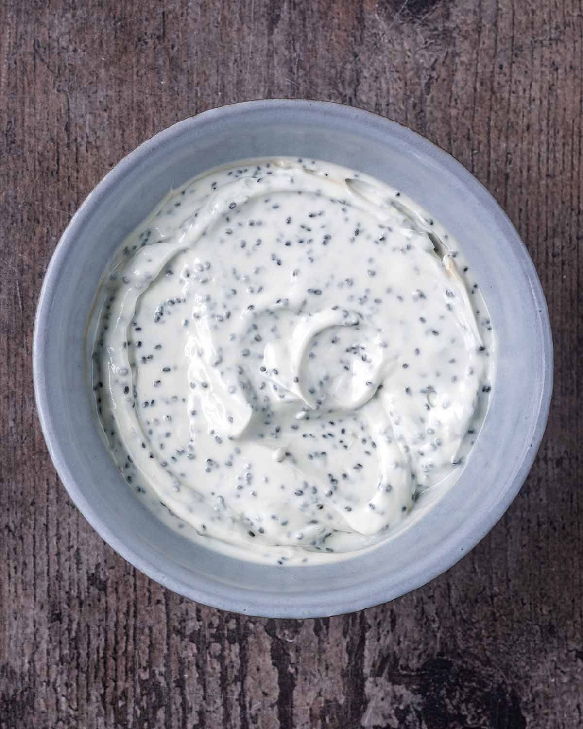 The yogurt and chia seed mixture in a serving bowl.