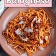 Hidden vegetable bolognese with a text overlay title.