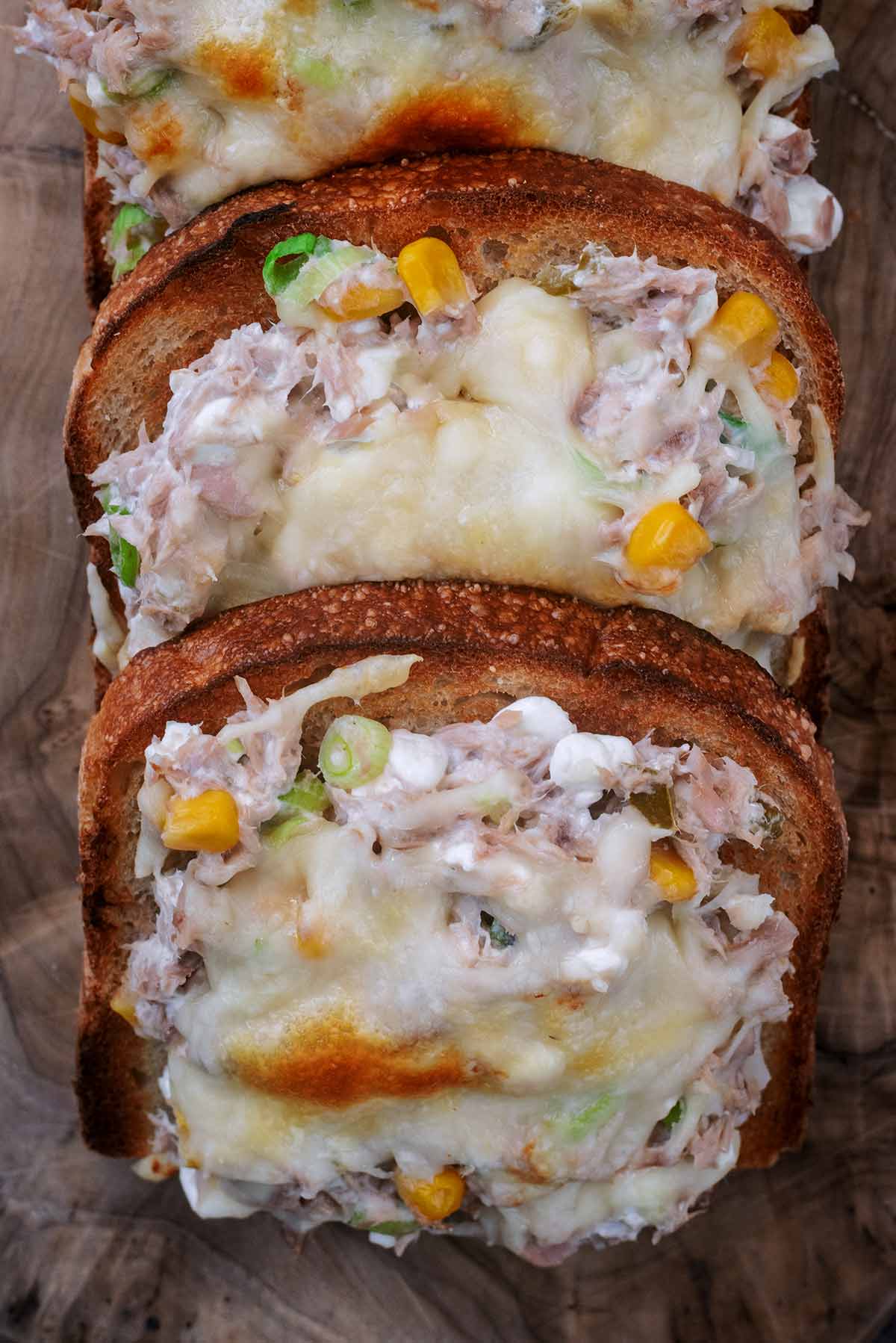 Two slices of melted cheese topped tuna and cottage cheese on toast.