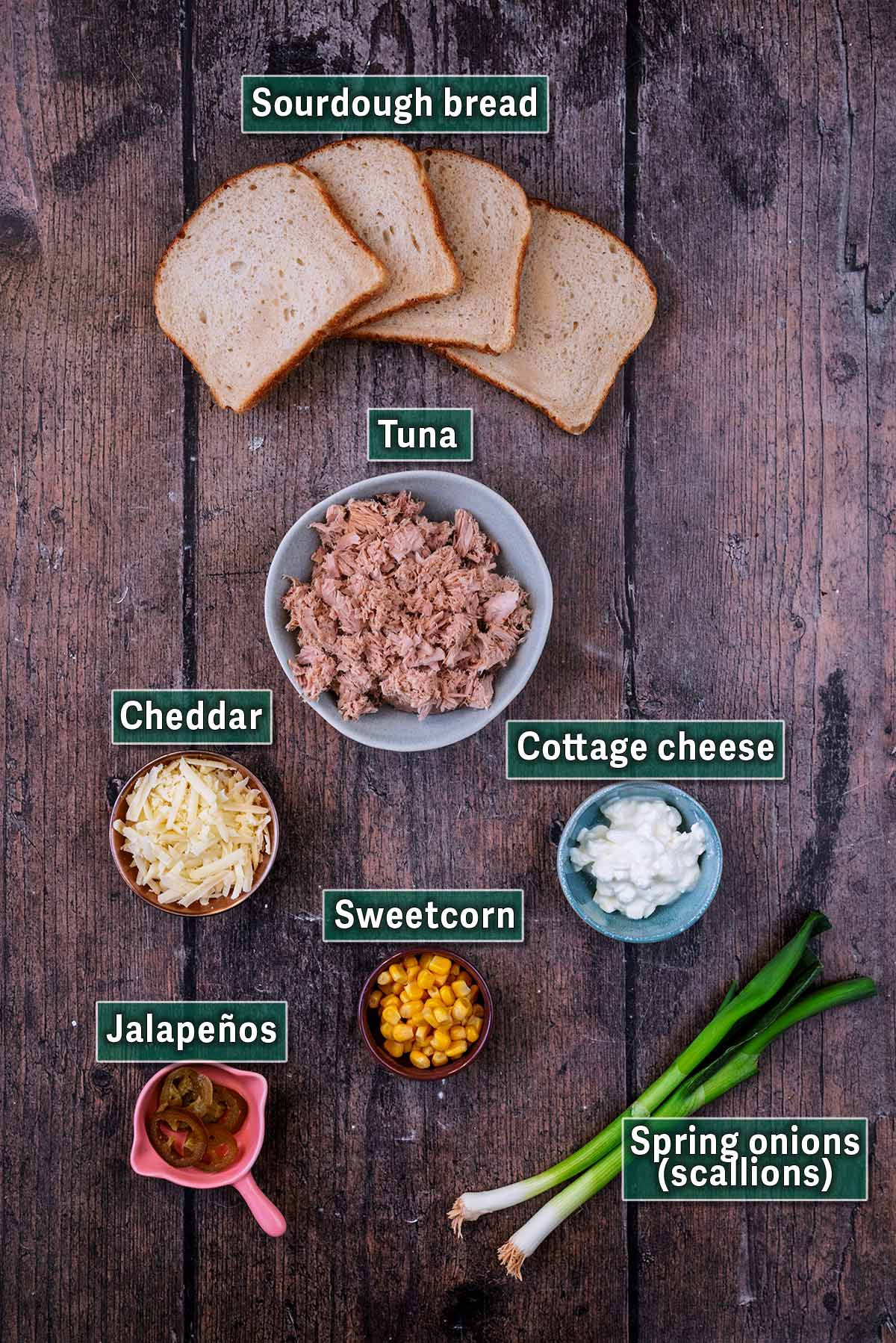 All the ingredients needed for this recipe with text overlay labels.
