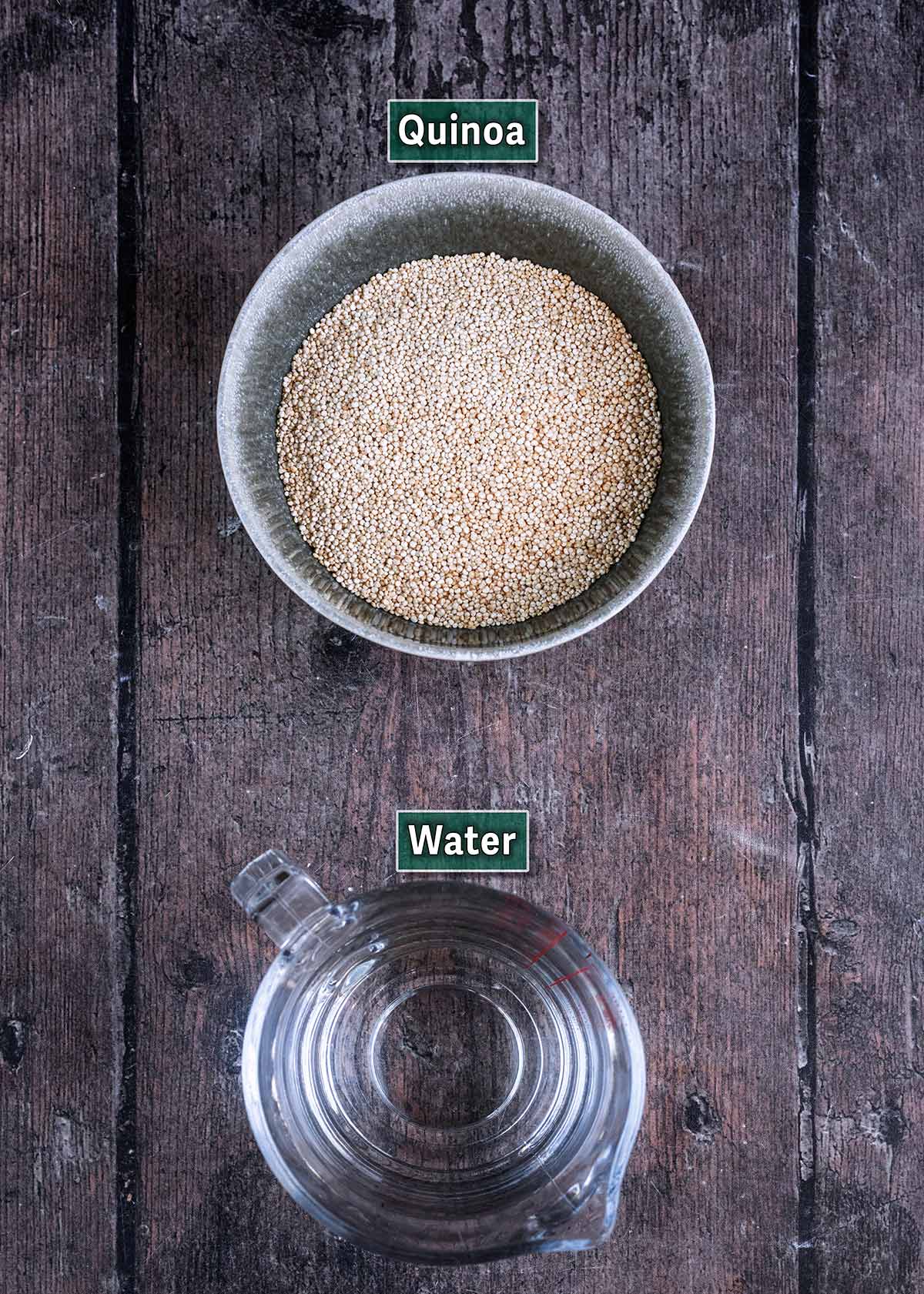 A bowl of quinoa and a jug of water on a wooden surface. Both with text overlay labels.