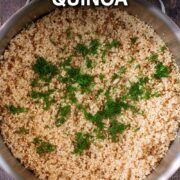 A bowl of cooked quinoa with a text title overlay saying How To Cook Quinoa.