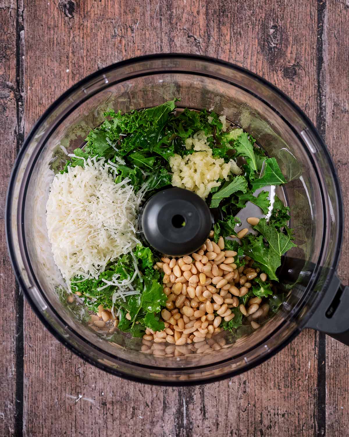 A food processor containing kale, parmesan, pine nuts and crushed garlic.
