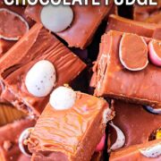Mini egg fudge with a text overlay title.