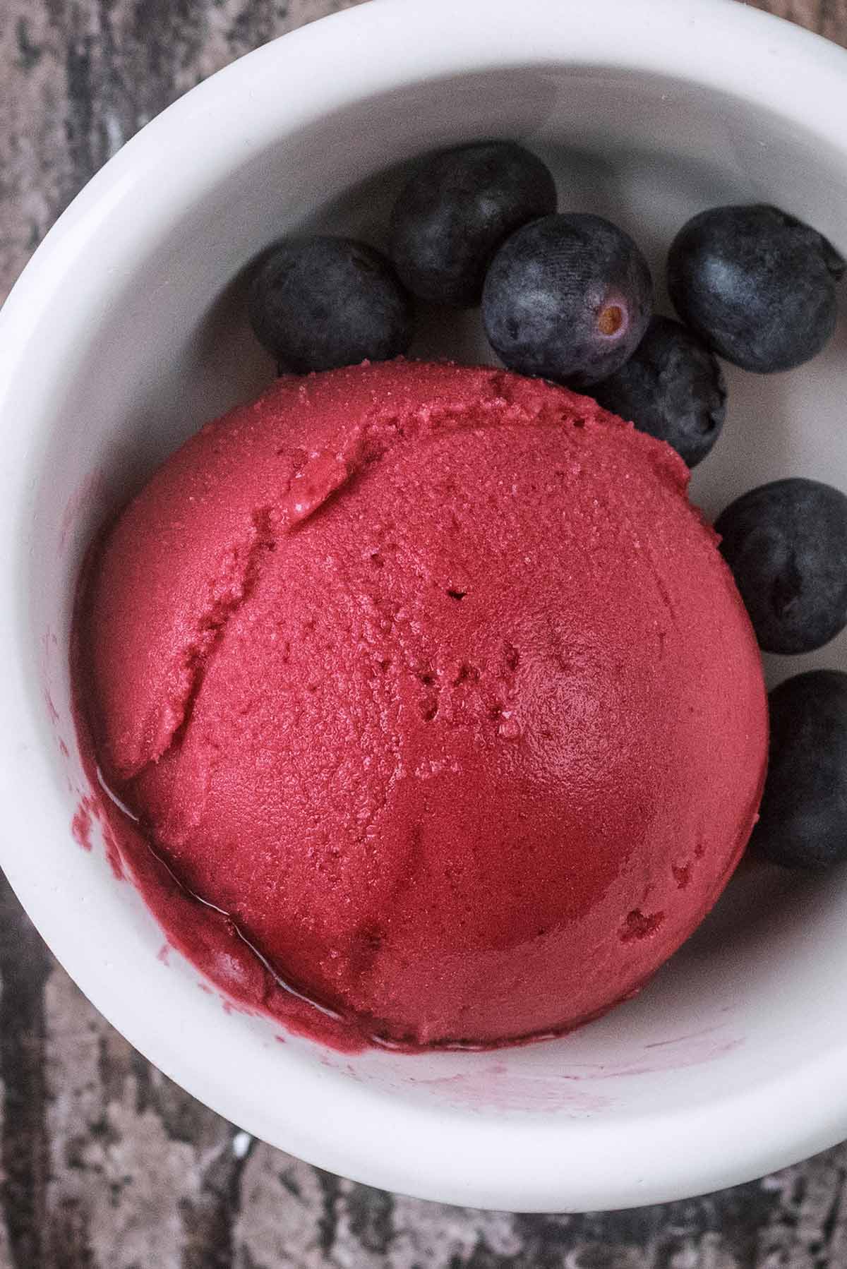 A ball of mixed berry sorbet in a bowl with some blueberries.