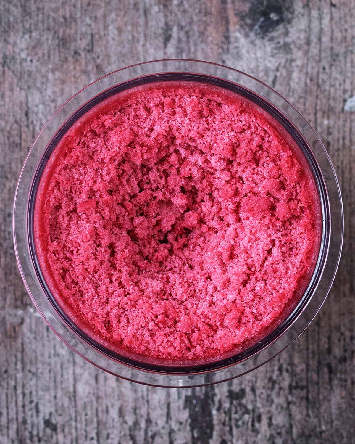 The processed sorbet with a crumbly consistency.