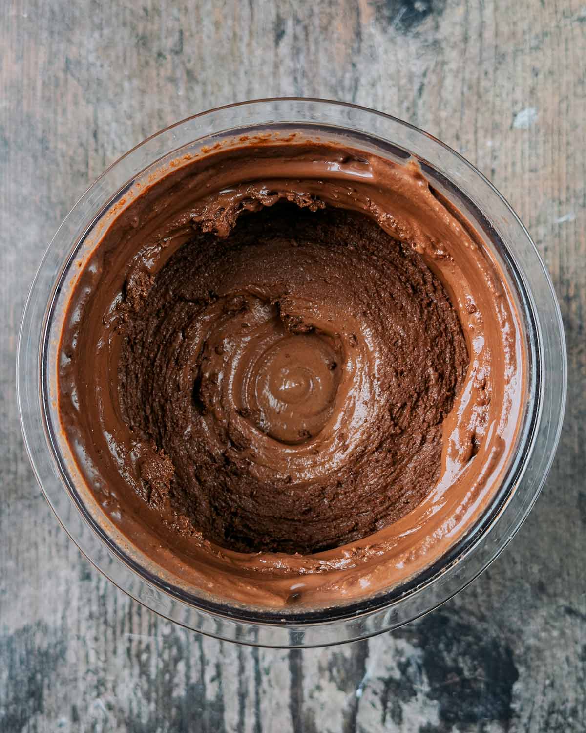 Processed chocolate ice cream in the Ninja tub.