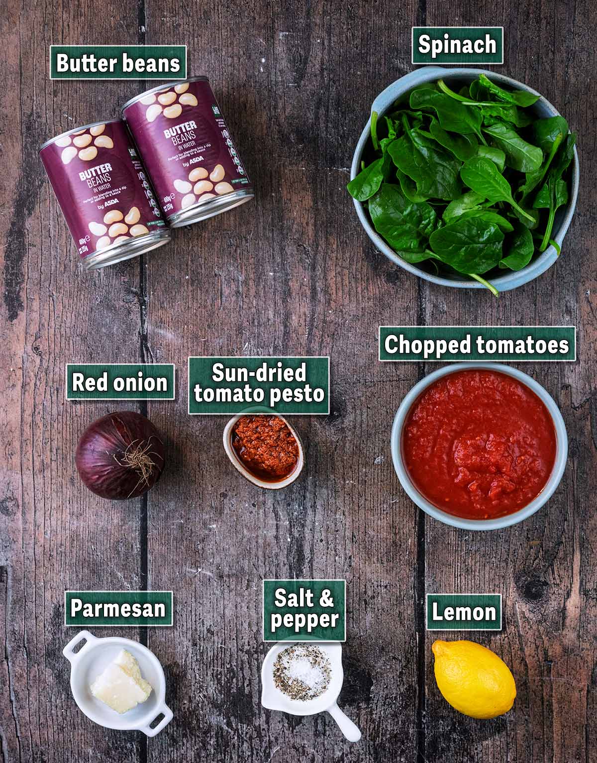All the ingredients needed for this recipe with text overlay labels.