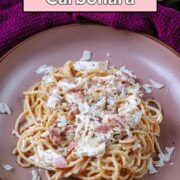 Chicken carbonara with a text overlay title.