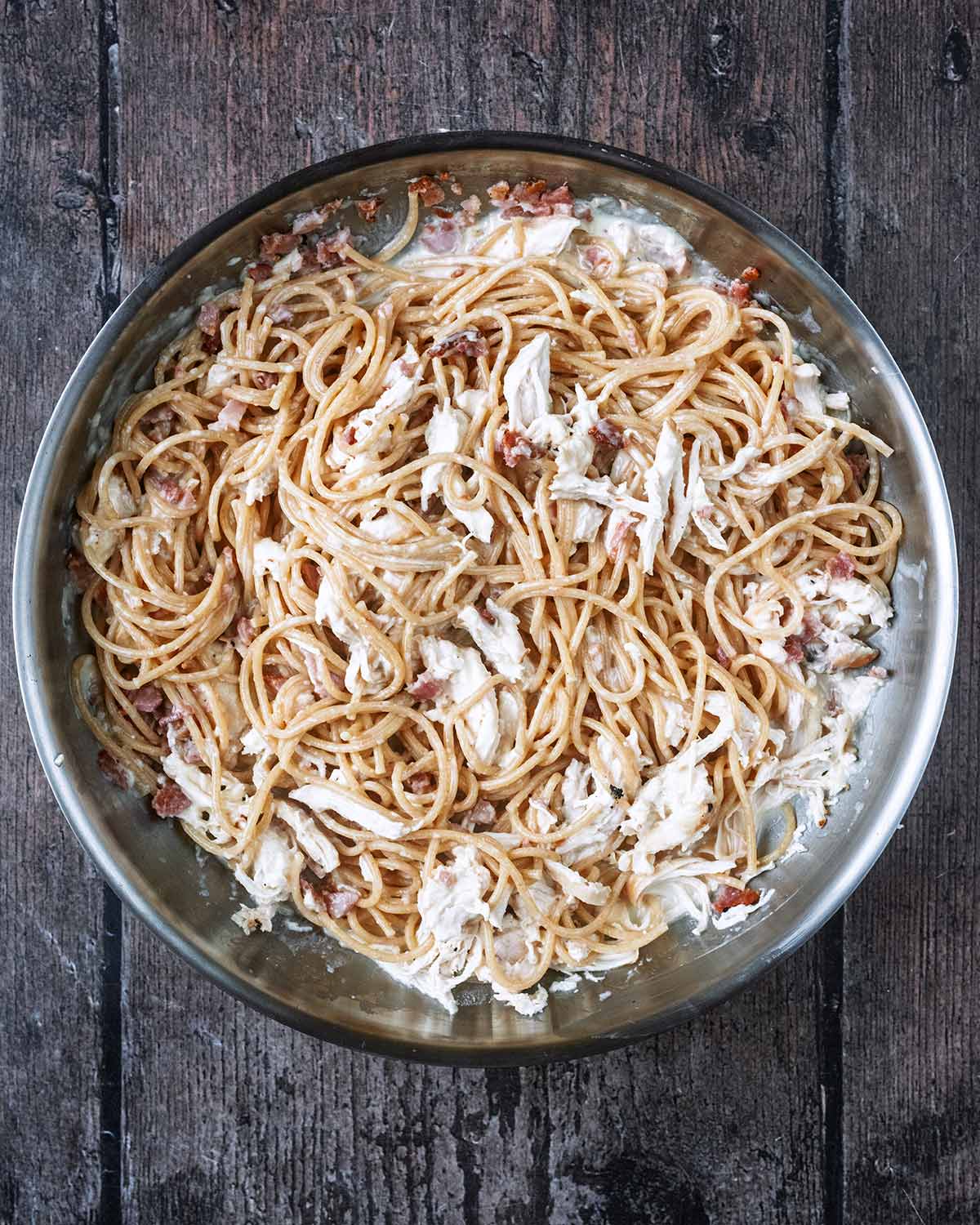 Everything mixed together in a pan.