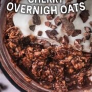 Chocolate cherry overnight oats with a text overlay title.
