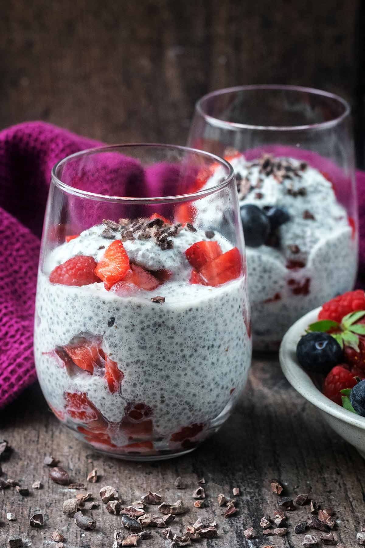 Two serving glasses full of chia pudding.