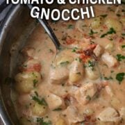 Tomato and chicken gnocchi with a text overlay title.