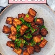 Crispy baked tofu with a text overlay title.