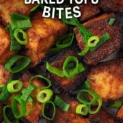 Crispy baked tofu with a text overlay title.