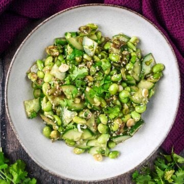 A bowl of cucumber edamame salad.