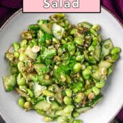 Cucumber edamame salad with a text title overlay.