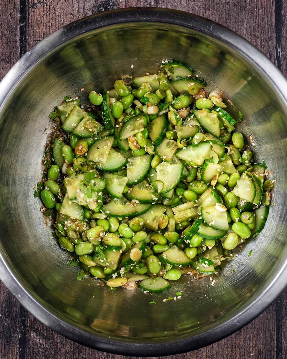 Everything mixed in the bowl with the dressing added.