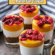 Healthy mango cheesecake with a text overlay title.