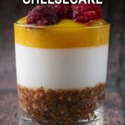 Healthy mango cheesecake with a text overlay title.