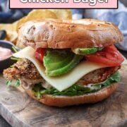 High protein chicken bagel with a text overlay title.
