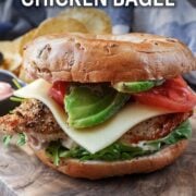High protein chicken bagel with a text overlay title.