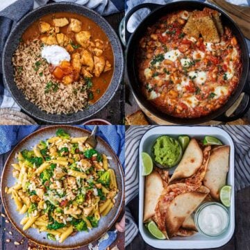 A collage of four high protein family dinners.