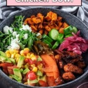 Hot honey chicken bowl with a text overlay title.