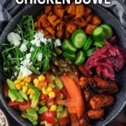 Hot honey chicken bowl with a text overlay title.