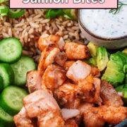 Hot honey salmon bites with a text overlay title.