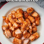 Hot honey salmon bites with a text overlay title.