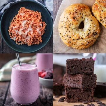 A four picture collage of a bowl of pasta, a bagel, a smoothie and a stack of brownies.