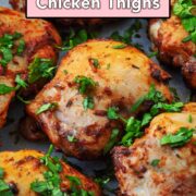 Buffalo chicken thighs with a text overlay title.