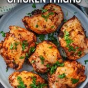 Buffalo chicken thighs with a text overlay title.