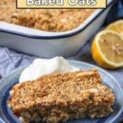 Lemon baked oats with a text overlay title.